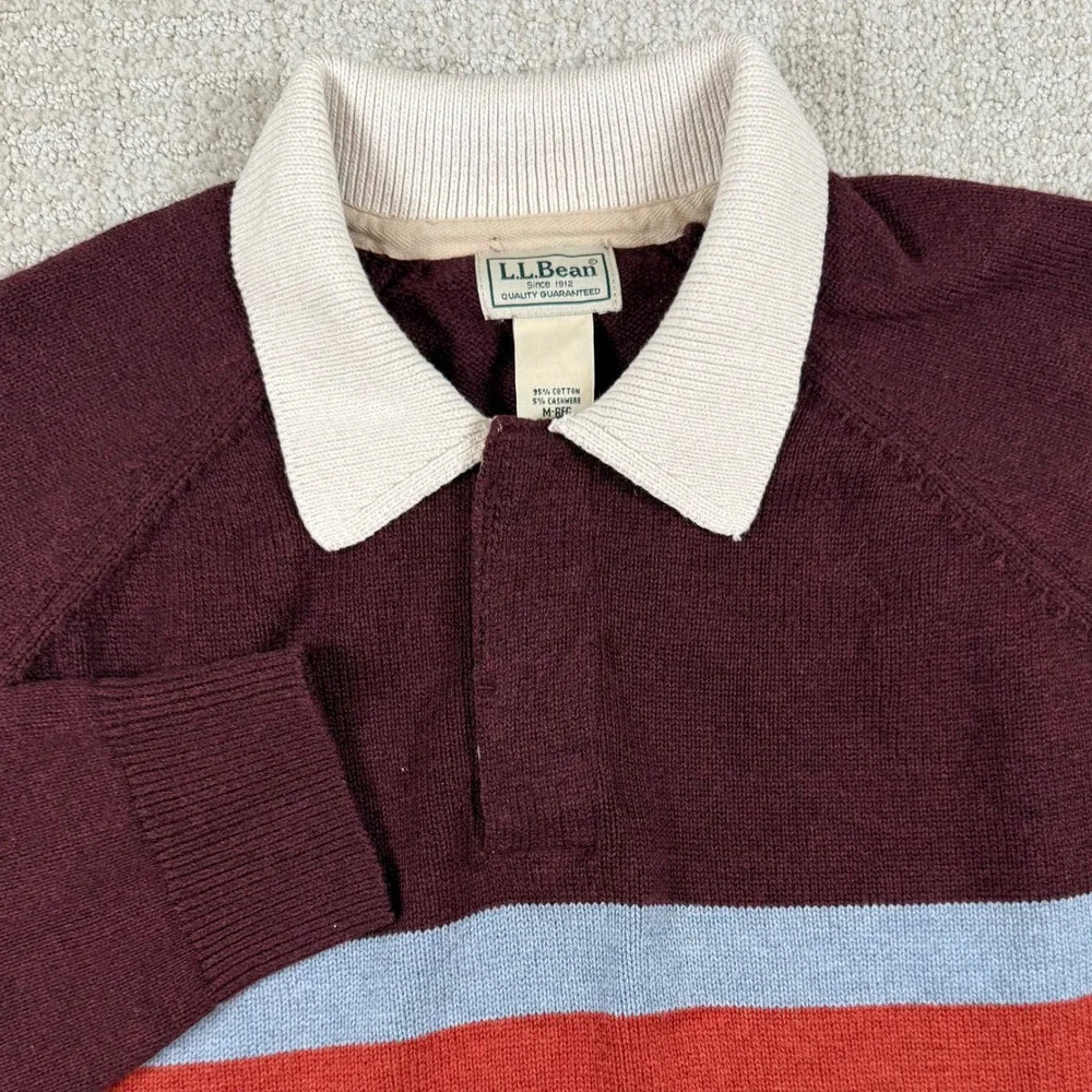 LL Bean Mens Medium Burgundy Striped Cotton Cashmere Blend Polo Sweater 522825 - Picture 1 of 5